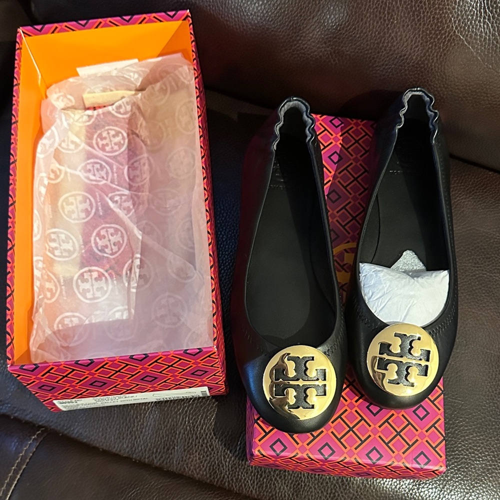 Tory Burch Black Flats with Gold Emblem